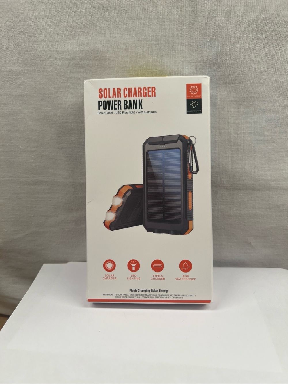 Portable Solar Charger Power Bank with USB Plug Compass, LED Flashlight,20000mah